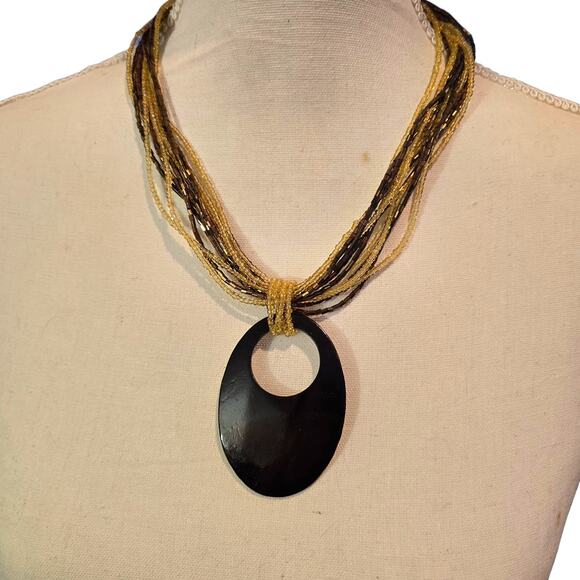 Multistrand Beaded Statement Necklace Gold Brown Black Pendant Adjustable Chunky - Picture 1 of 8